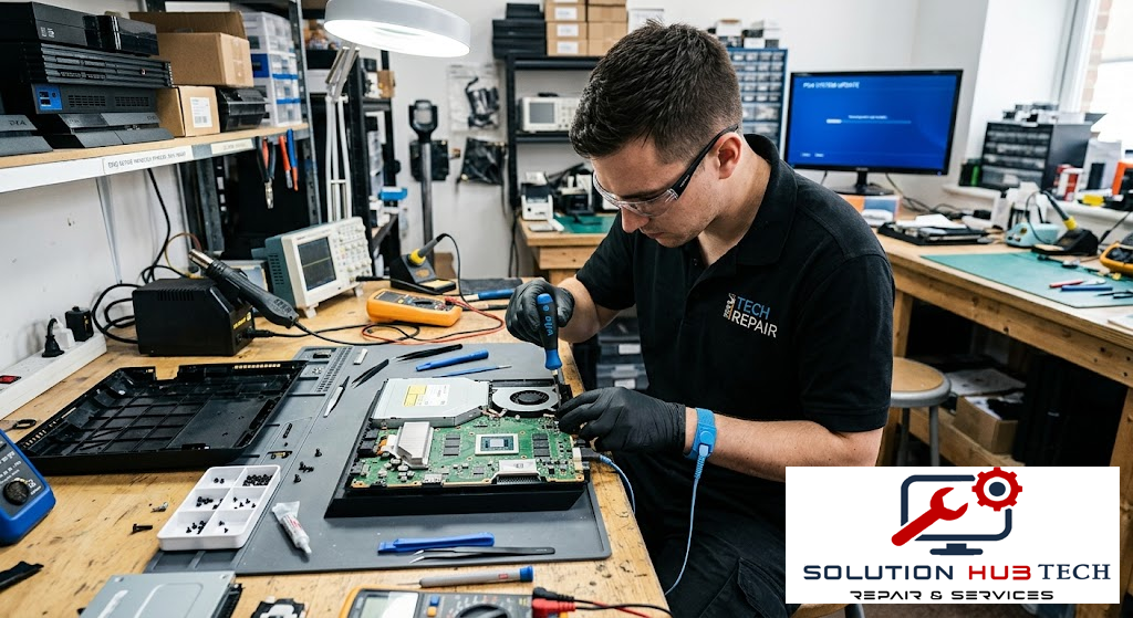 PS4 repair technician fixing PlayStation 4 console at Solutionhubtech Delhi